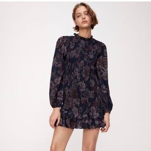Zara Floral Smocked Long Sleeve Mini Dress
